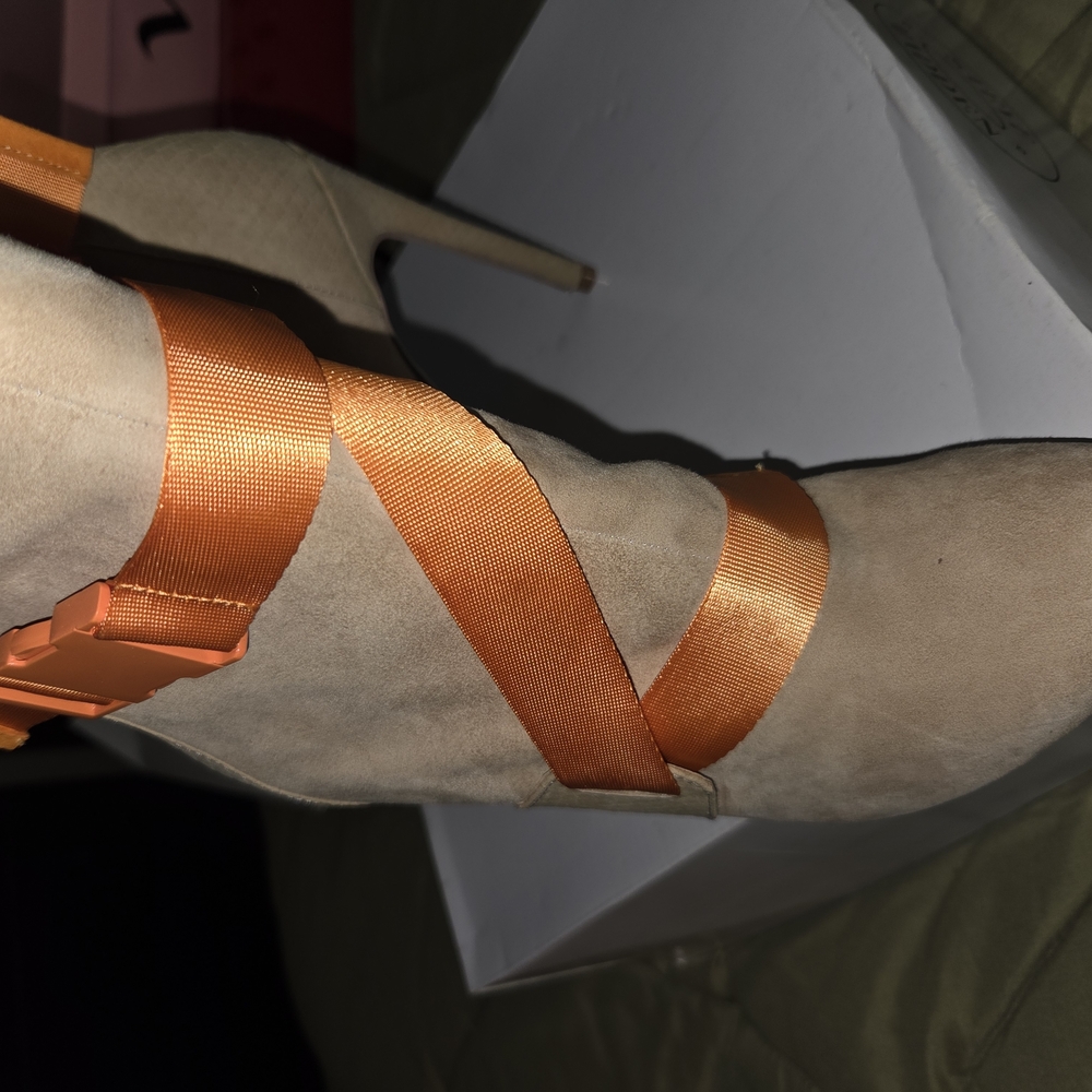 Women's Beige and Orange Heeled Boots